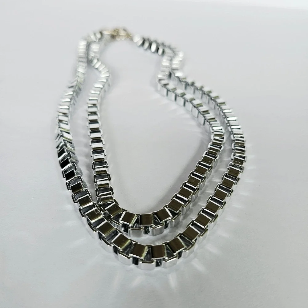 NIB Set of 3 90's Cubic Link Necklace Silvertone Toggle Box Chain Industrial Y2K
